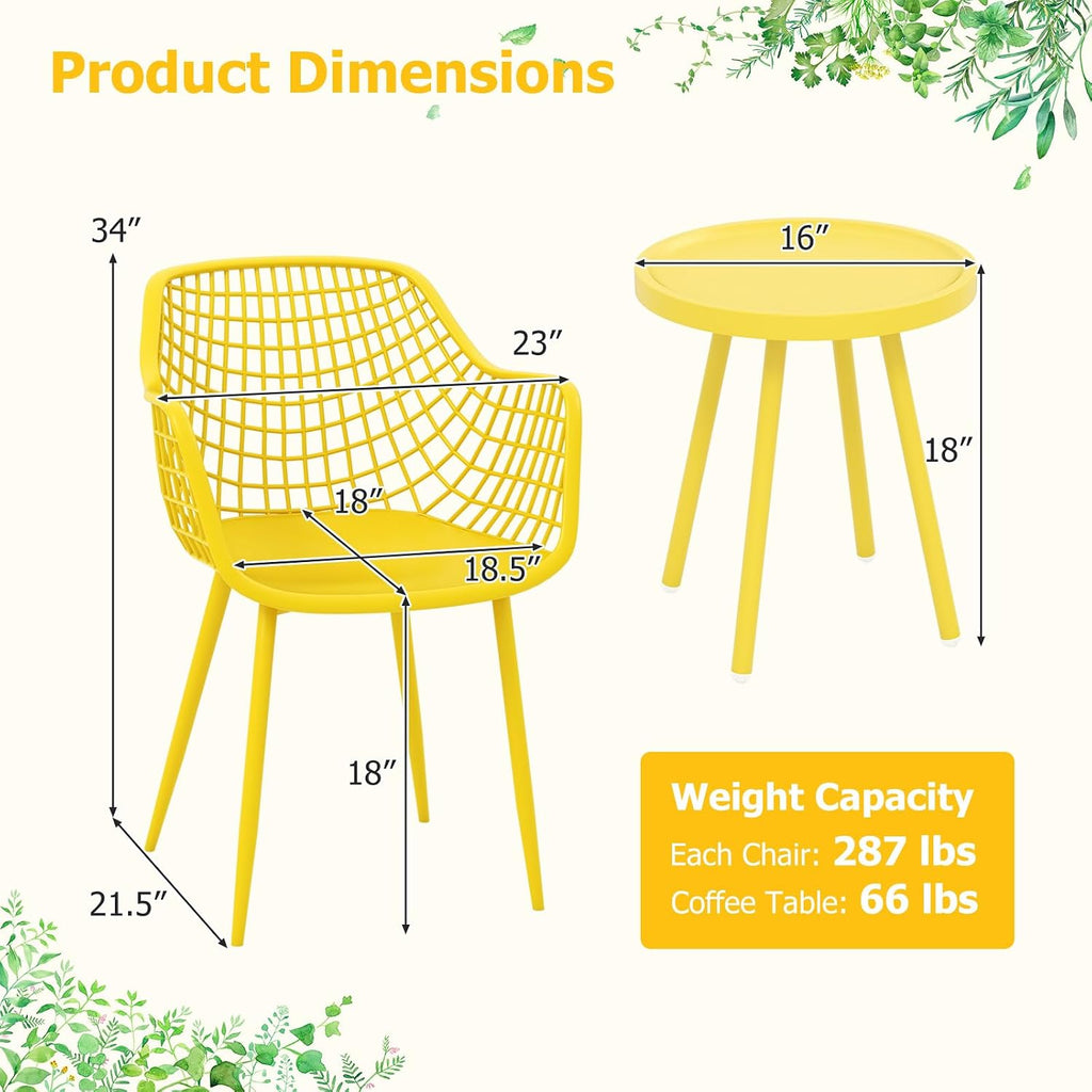 Giantex 3 Piece Patio Furniture Set, Outdoor Bistro Table and Chairs Set of 2, PP Seat & Metal Legs, Small Conversation Set for Balcony Front Porch Deck Backyard Lawn (Lemon Yellow)