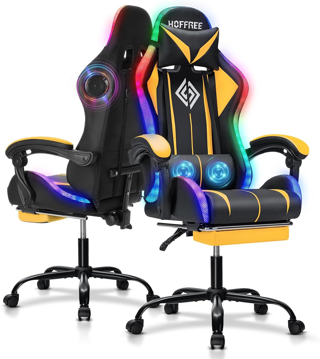 Gaming Chair with Bluetooth Speakers and LED RGB Lights Ergonomic Massage Computer Gaming Chair with Footrest High Back Music Video Game Chair with Lumbar Support Yellow and Black