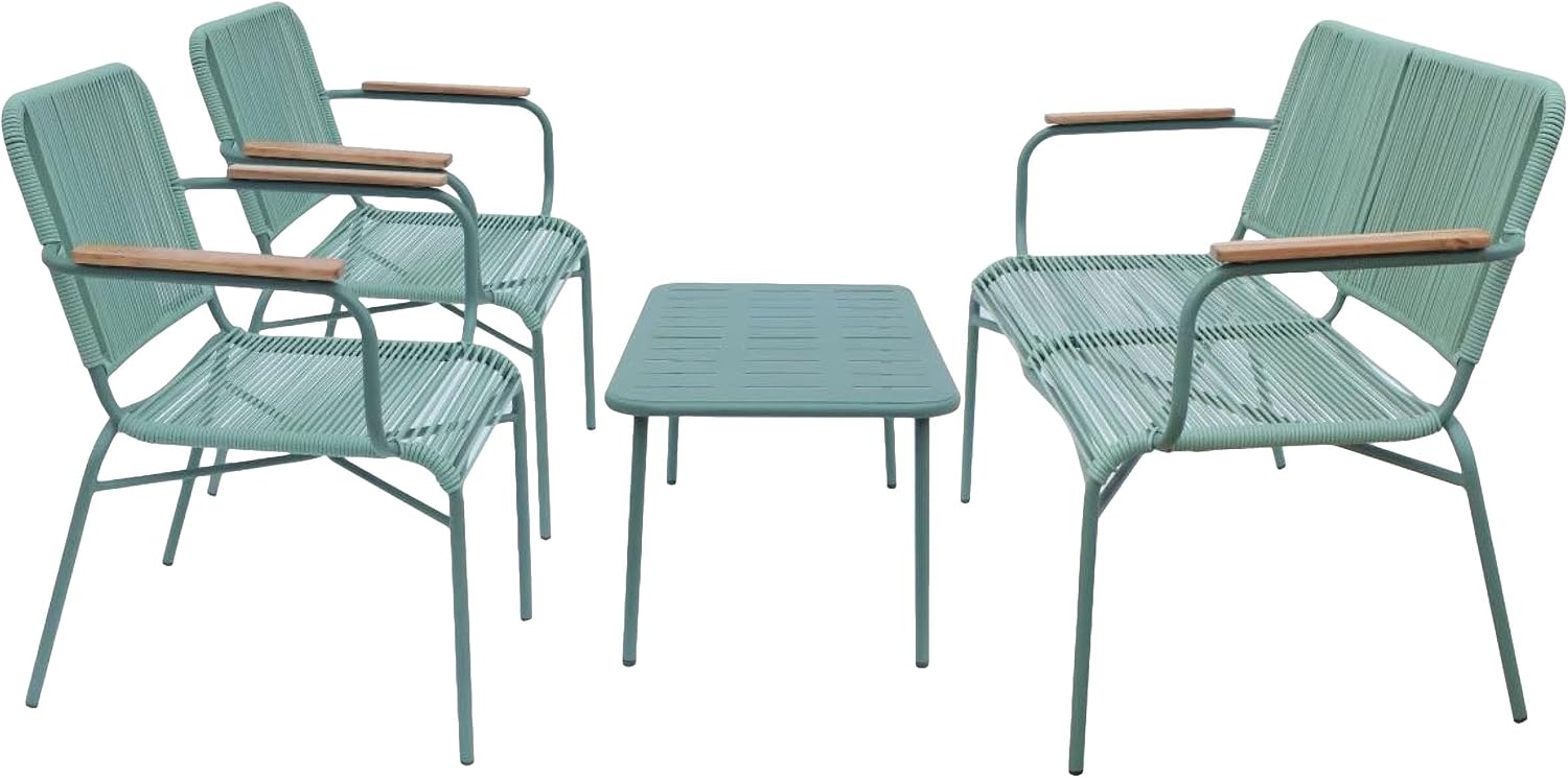 Alpine Corporation VTFAM170A 4-Piece Outdoor Rope Woven Patio Conversation Set – Sofa Bench, 2 Armchairs & Coffee Table – Modern Metal Frame with Wood Armrests – Indoor/Outdoor Seating Set