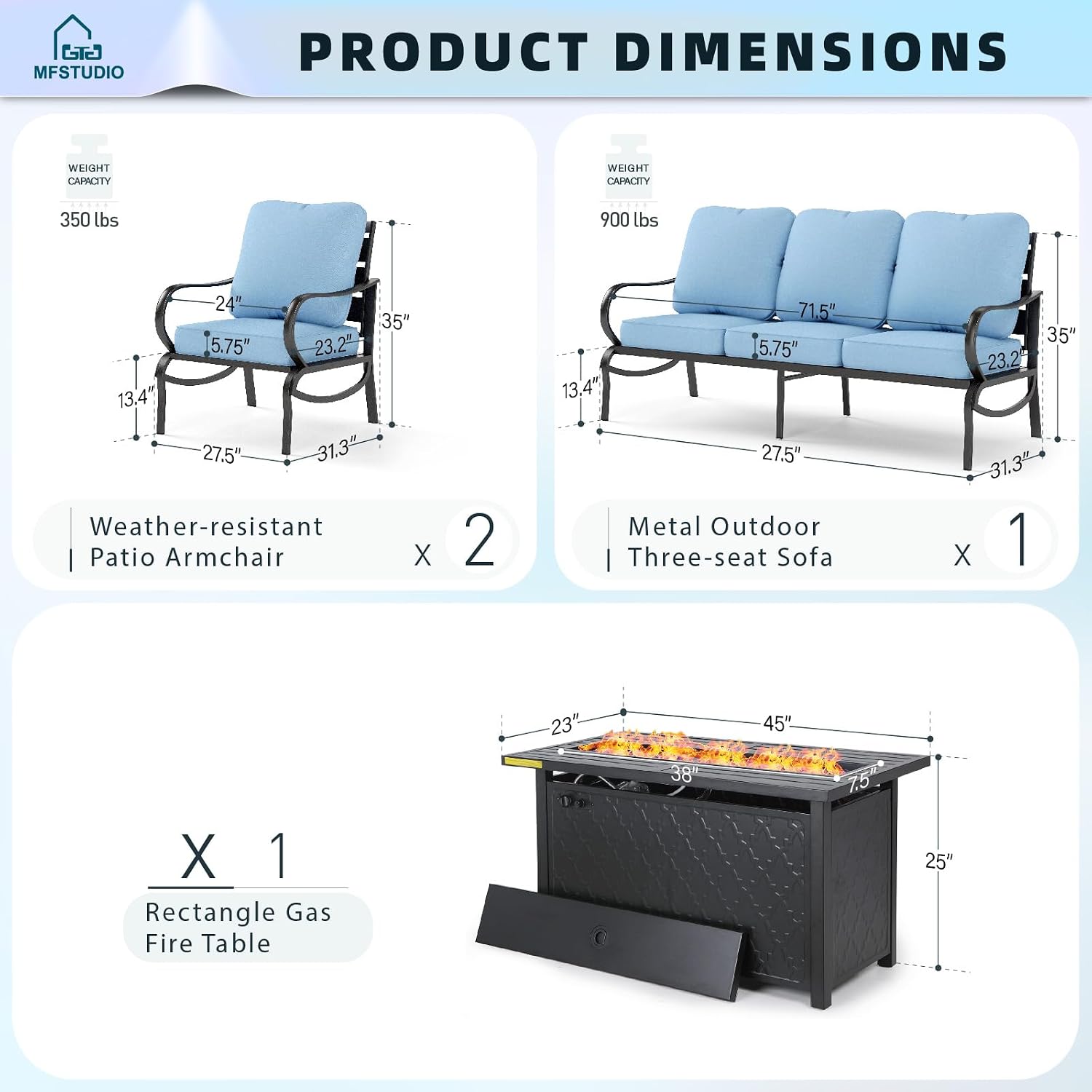 MFSTUDIO 4 Pieces Patio Conversation Sets, All Weather Metal Frame Outdoor Furniture Set Patio Sofas with 1 x 45 Rectangular Propane Fire Table, 1 x 3-Seat Sofa, 2 x Sofa Chairs, Blue Cushion