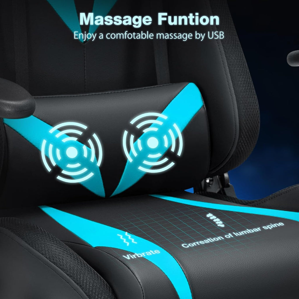 HOFFREE Gaming Chair with Bluetooth Speakers and Led Lights Massage Video Game Chair with Footrest Reclining High Back Computer Gamer Chair Blue and Black