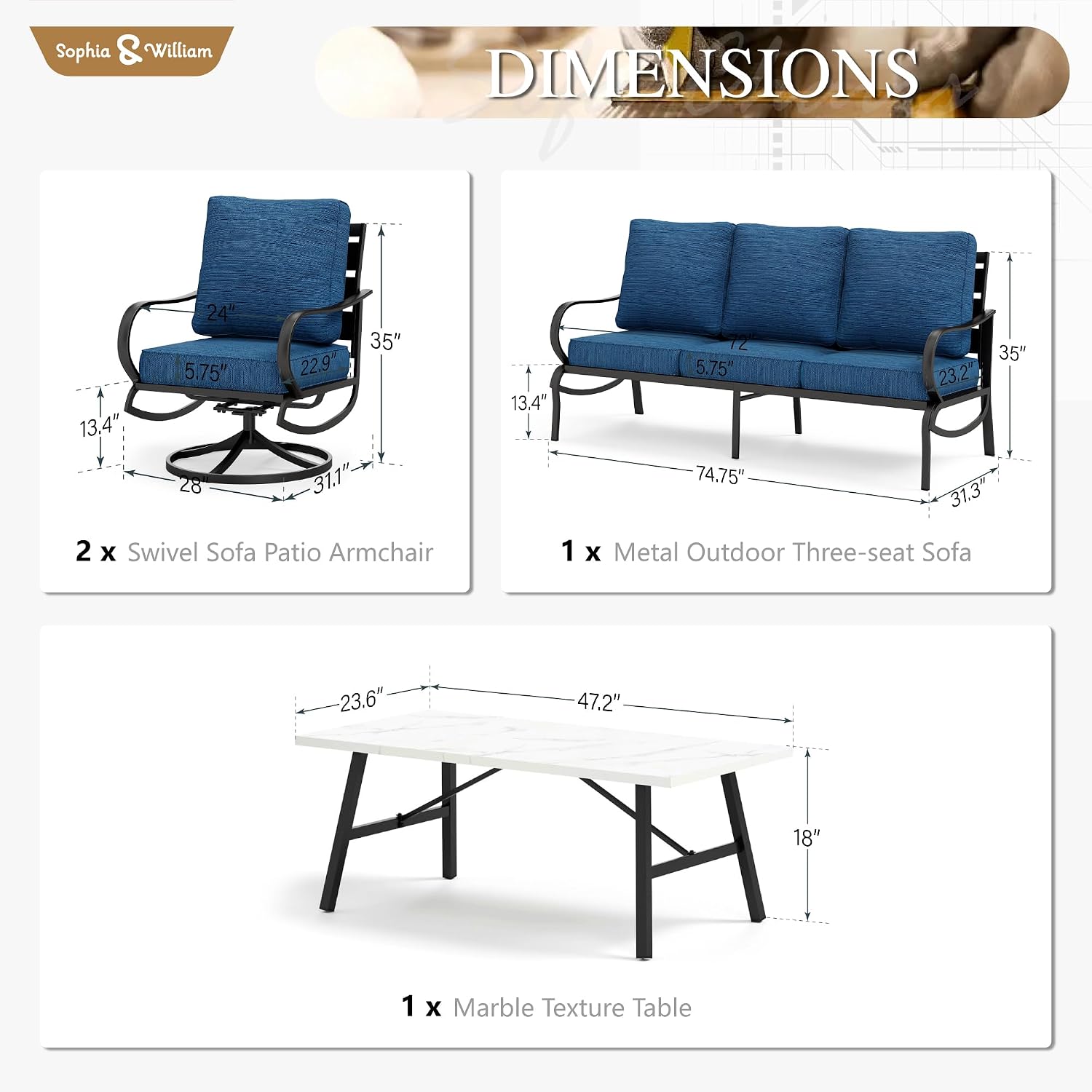 Sophia & William Patio Furniture Sets 5 Seats Outdoor Metal Conversation Sets with 2 x Cushioned Swivel Sofa Chairs,1 x 3-Seat Sofa, 1x Marbling Metal Coffee Table Lawn Backyard Poolside Peacock Blue