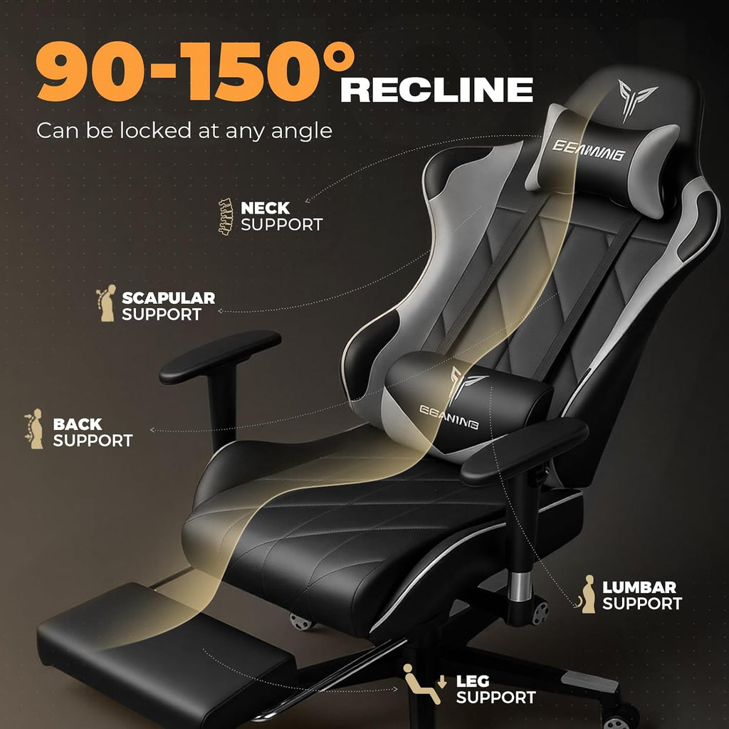 Gaming Chair with Footrest, Ergonomic High-Back PU Leather Computer Chair with 3D Adjustable Armrests, Headrest and Lumbar Support, Office Desk Chair with Diamond Stitching for Adults & Teen