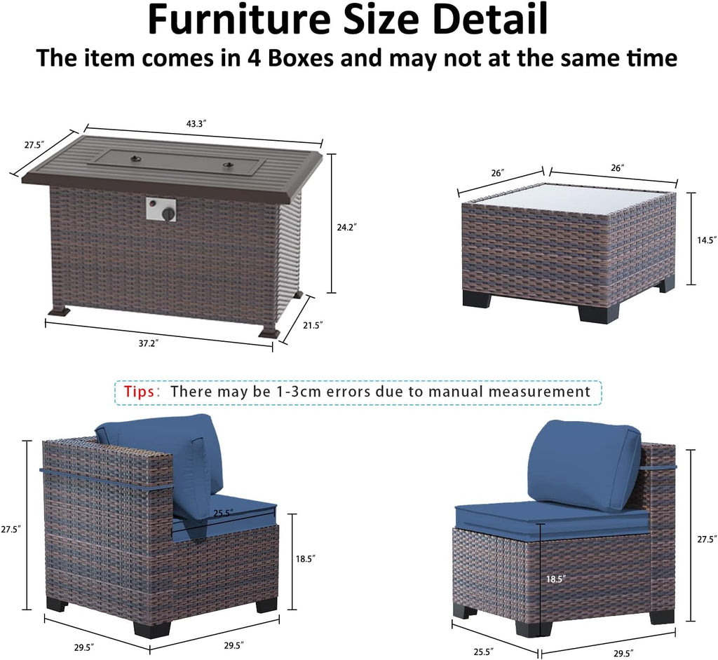 Outdoor Patio Furniture Set with Fire Pit Table, 6 Pieces Outdoor Furniture Patio Sectional Sofa PE Rattan Conversation Sets w/43 Propane Gas Firepit & Coffee Table for Outside -Dark Blue.