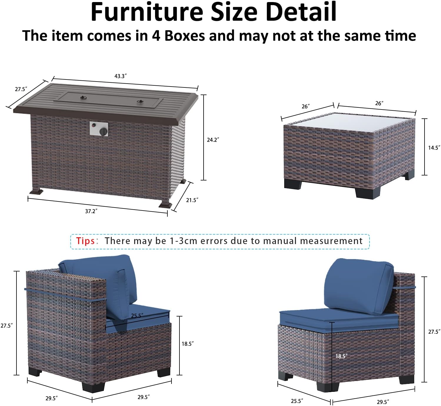 Outdoor Patio Furniture Set with Fire Pit Table, 6 Pieces Outdoor Furniture Patio Sectional Sofa PE Rattan Conversation Sets w/43 Propane Gas Firepit & Coffee Table for Outside -Dark Blue.