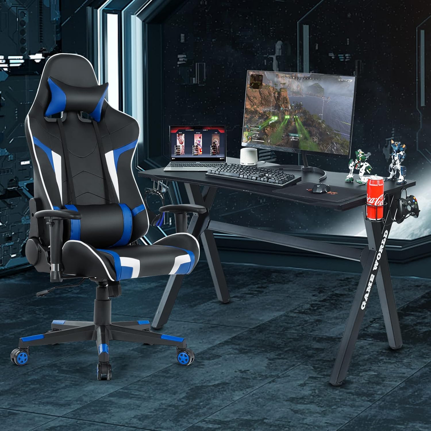GYMAX Gaming Chair, Massage Gaming Chairs for Adults with Headrest, Lumbar Support & Armrest, Video Computer Reclining Gaming Chair, Office Desk Gamer Task Chair (Blue with Black X-Shape Desk)