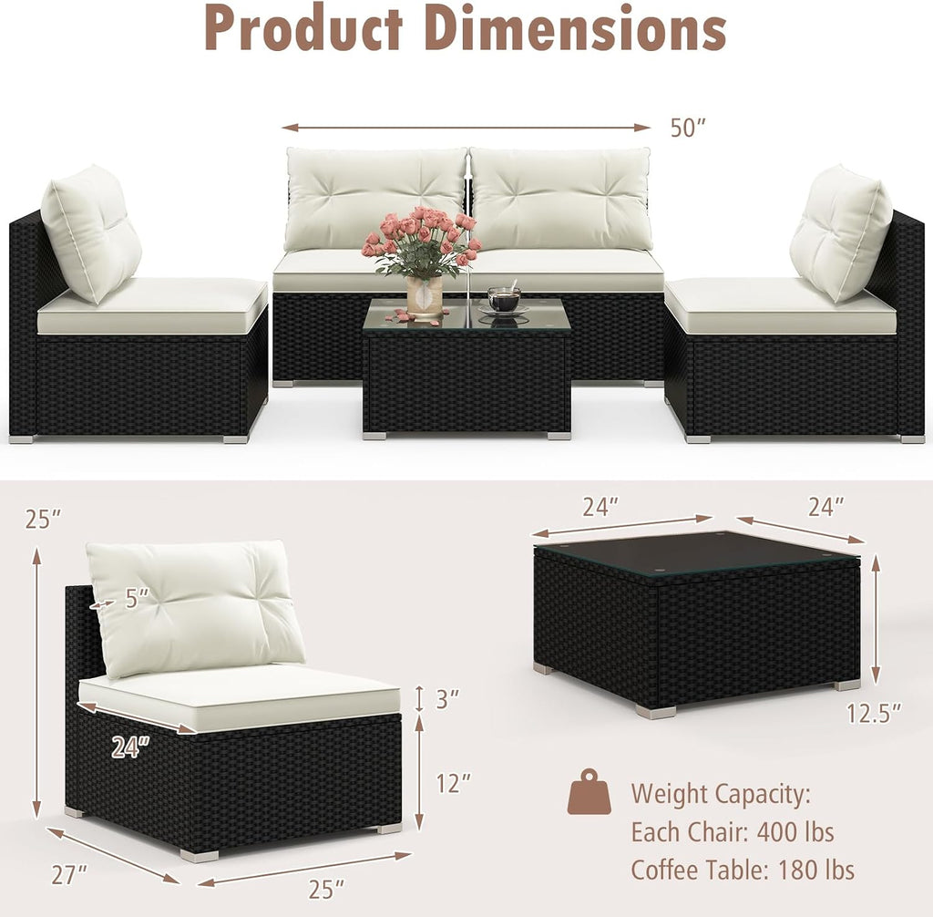 RELAX4LIFE 5-Piece Outdoor Patio Furniture Set, Rattan Sectional Sofa Set w/Glass-Top Coffee Table, Soft Seat & Back Cushions, Bistro Set for Garden Backyard Porch, Wicker Conversation Set (Off White)