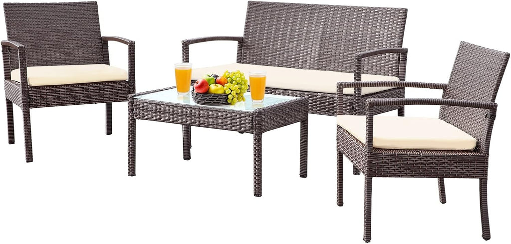 4 Piece Outdoor Patio Furniture Set, Rattan Patio Conversation Set with Table,Modern Wicker Chairs and Table Sets,Outdoor Furniture for Porch, Garden, Lawn,Beige