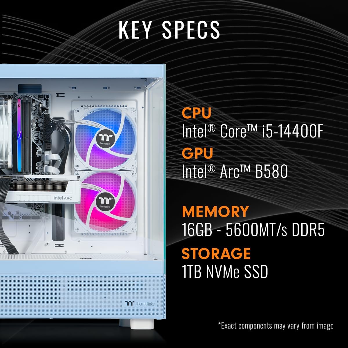 Thermaltake LCGS View i1458H-270 Gaming Desktop (Intel® Core™ i5-14400F, ToughRam 16GB DDR5 5600MT/s RGB Memory, Intel® Arc™ B580, 1TB NVMe M.2, WiFi, Windows 11) V27H-B76K-B58-LCS