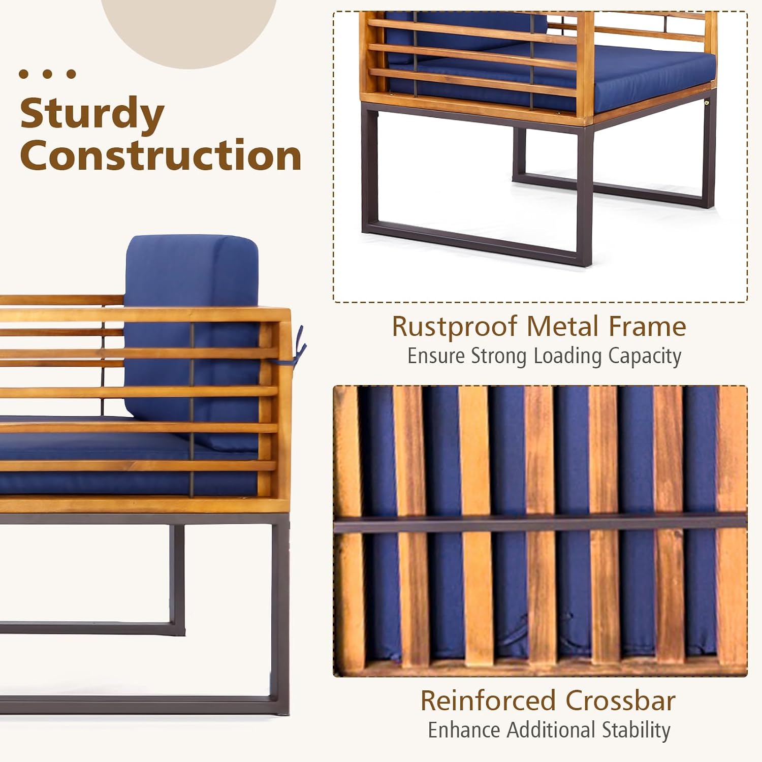 Tangkula 3 Pieces Acacia Wood Patio Bistro Set, Outdoor Conversation Set with Cushioned Armchairs and Square Coffee Table, Patio Furniture Set for Porch, Deck, Balcony