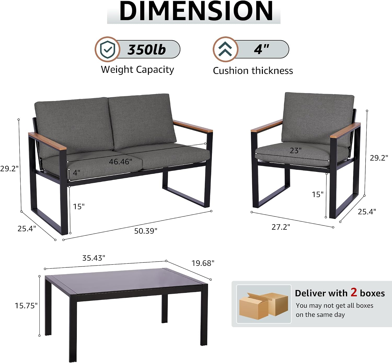 NATURAL EXPRESSIONS 4 Pieces Patio Furniture Sets,Metal Outdoor Patio Furniture Sets,Outdoor Sectional Patio Conversation Set,Wooden Anti-Scald Armrest,Sling Mesh,4' Olefin Cushions Dark Grey