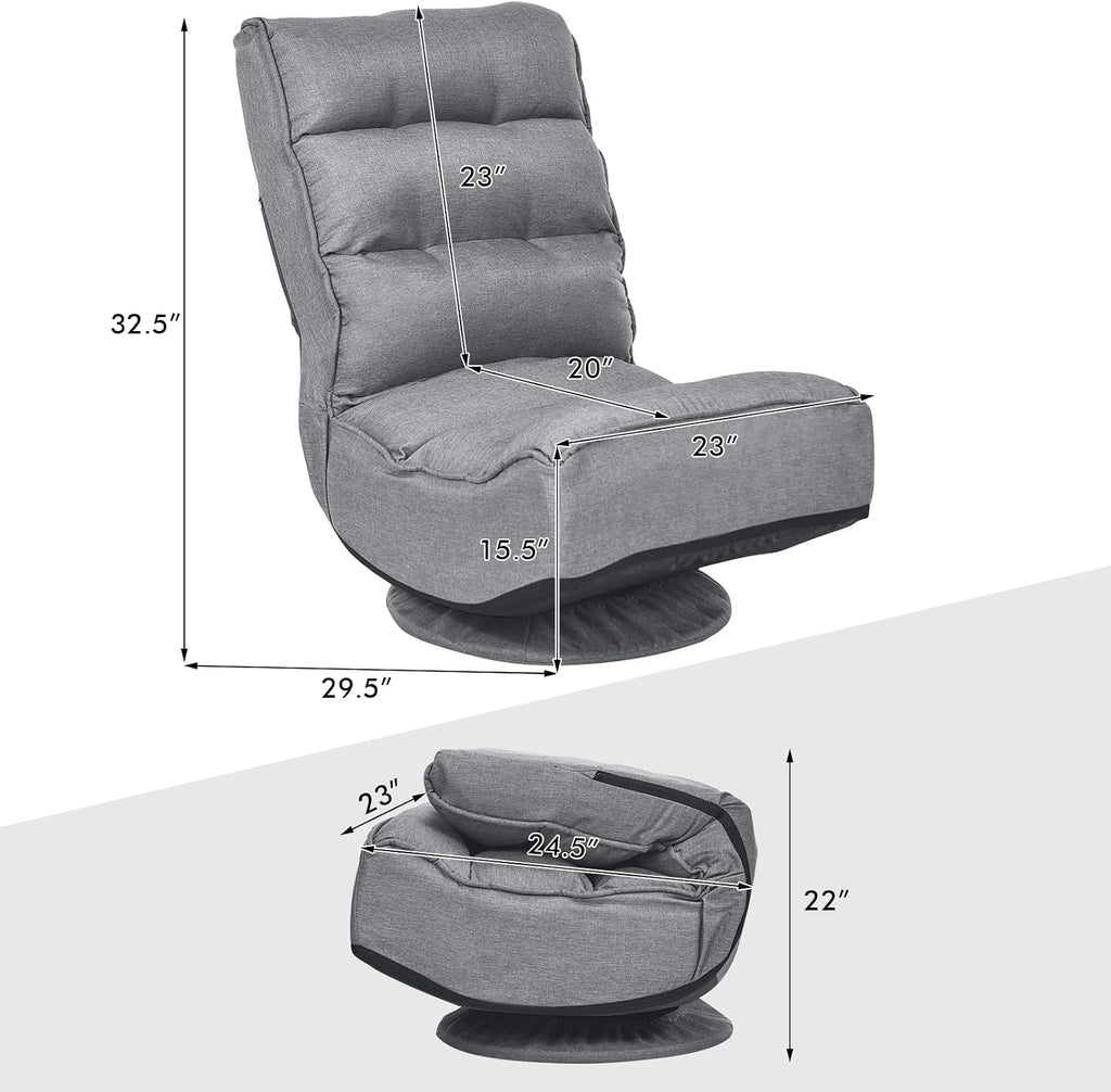 COSTWAY Folding Floor Chair, Adjustable 5-Position Video Gaming Chair with 360 Degree Swivel, Detachable Cover, Padded Backrest, Multipurpose Living Room Floor Lounger for TV, Reading, Playing (Grey)