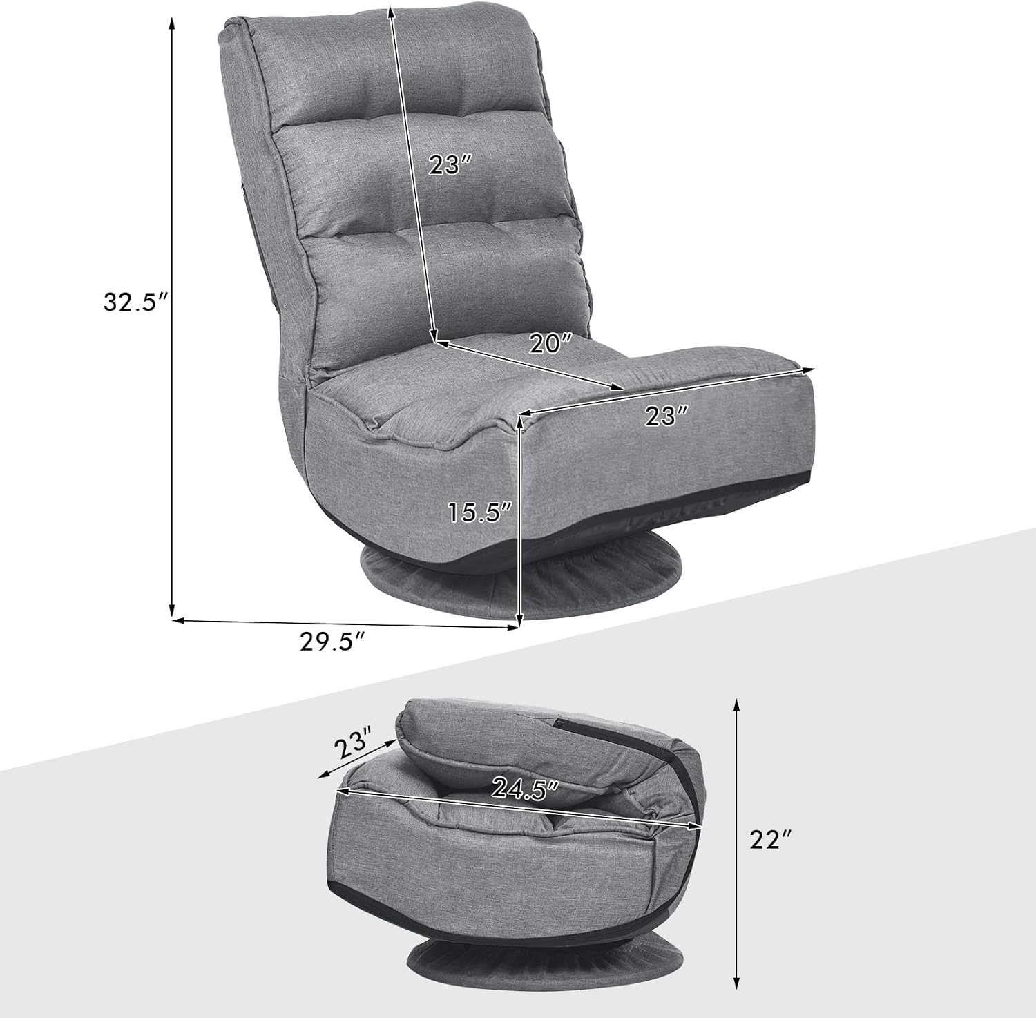 COSTWAY Folding Floor Chair, Adjustable 5-Position Video Gaming Chair with 360 Degree Swivel, Detachable Cover, Padded Backrest, Multipurpose Living Room Floor Lounger for TV, Reading, Playing (Grey)