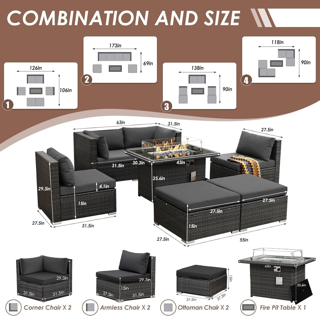 RADIATA 7Pcs Outdoor Patio Furniture Set with Fire Pit, Modern Comfortable Outside Sectional Couch High Back Oversized Wide Deep 6-Seats, Modular All-Weather Heavy Duty Wicker Sofa Set, Dark Grey