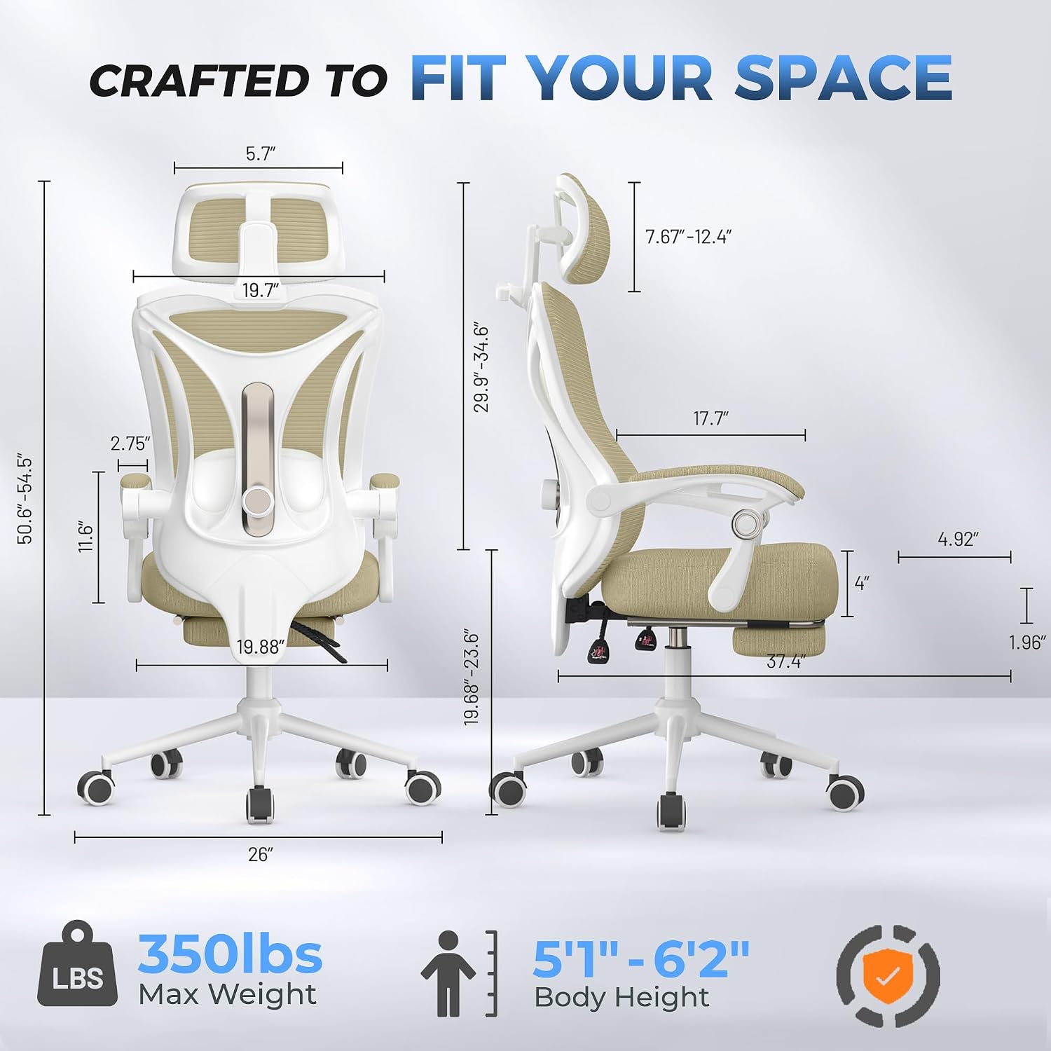 Ergonomic Office Chair with Footrest - Adjustable Lumbar Support & Headrest, 90-160° Reclining Mesh Back Computer Chair - Home Office/Gaming, 350lbs Capacity