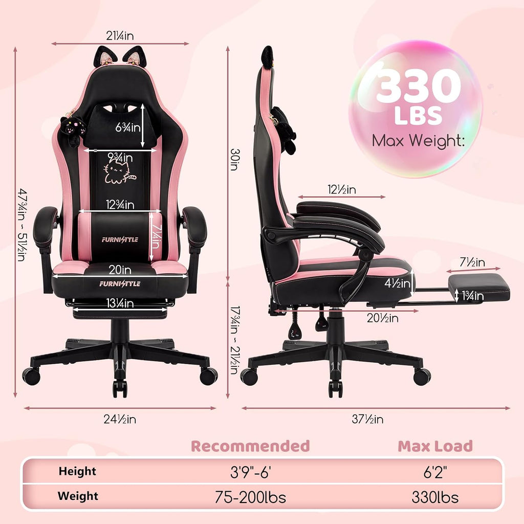 Gaming Chair with Footrest, Comfy Girly Video Game Chairs with Cat Ears Pocket Spring Cushion Massage Lumbar Support & Headrest, Ringing Accessories Cute Leather Ergonomic Computer Chair, Black/Pink