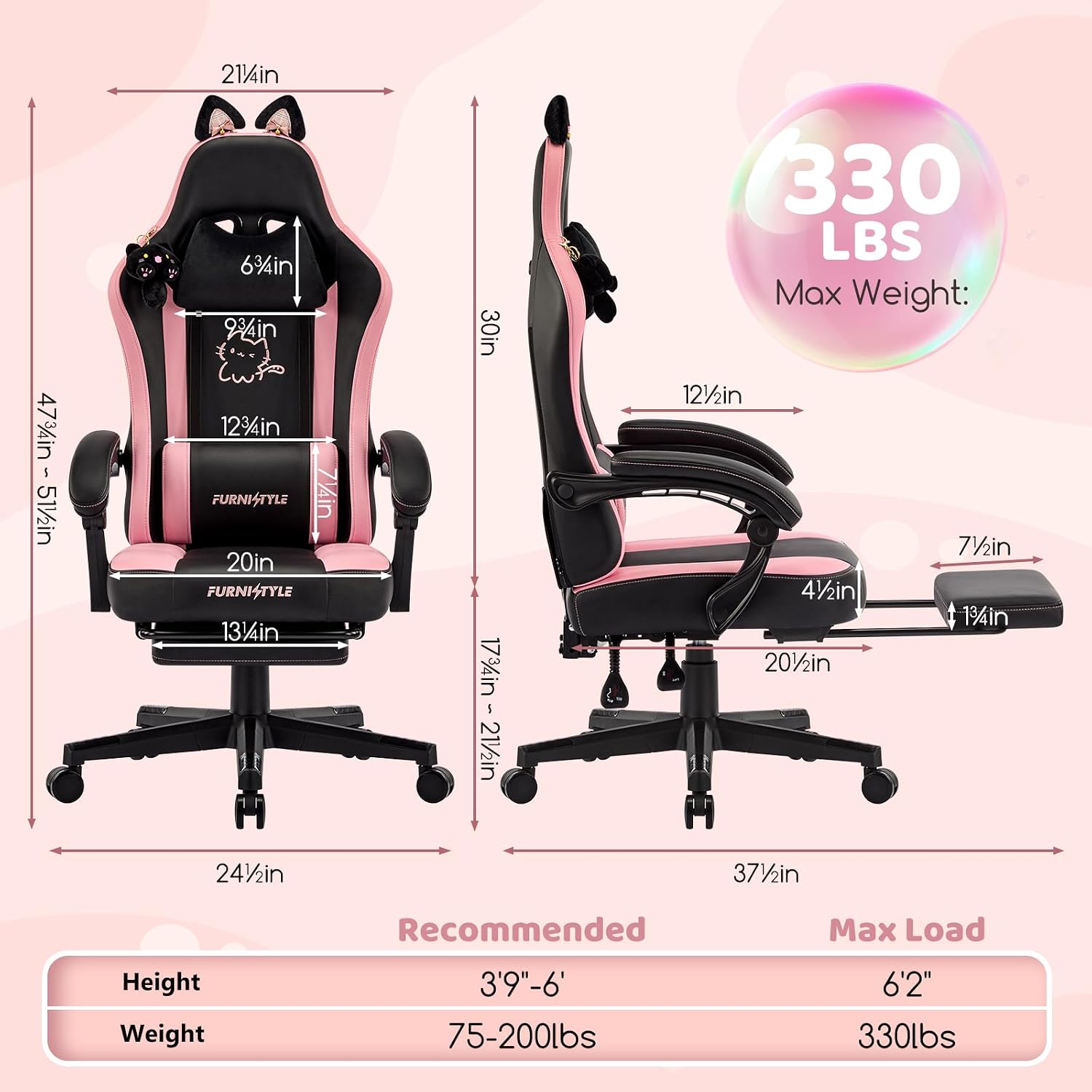 Gaming Chair with Footrest, Comfy Girly Video Game Chairs with Cat Ears Pocket Spring Cushion Massage Lumbar Support & Headrest, Ringing Accessories Cute Leather Ergonomic Computer Chair, Black/Pink