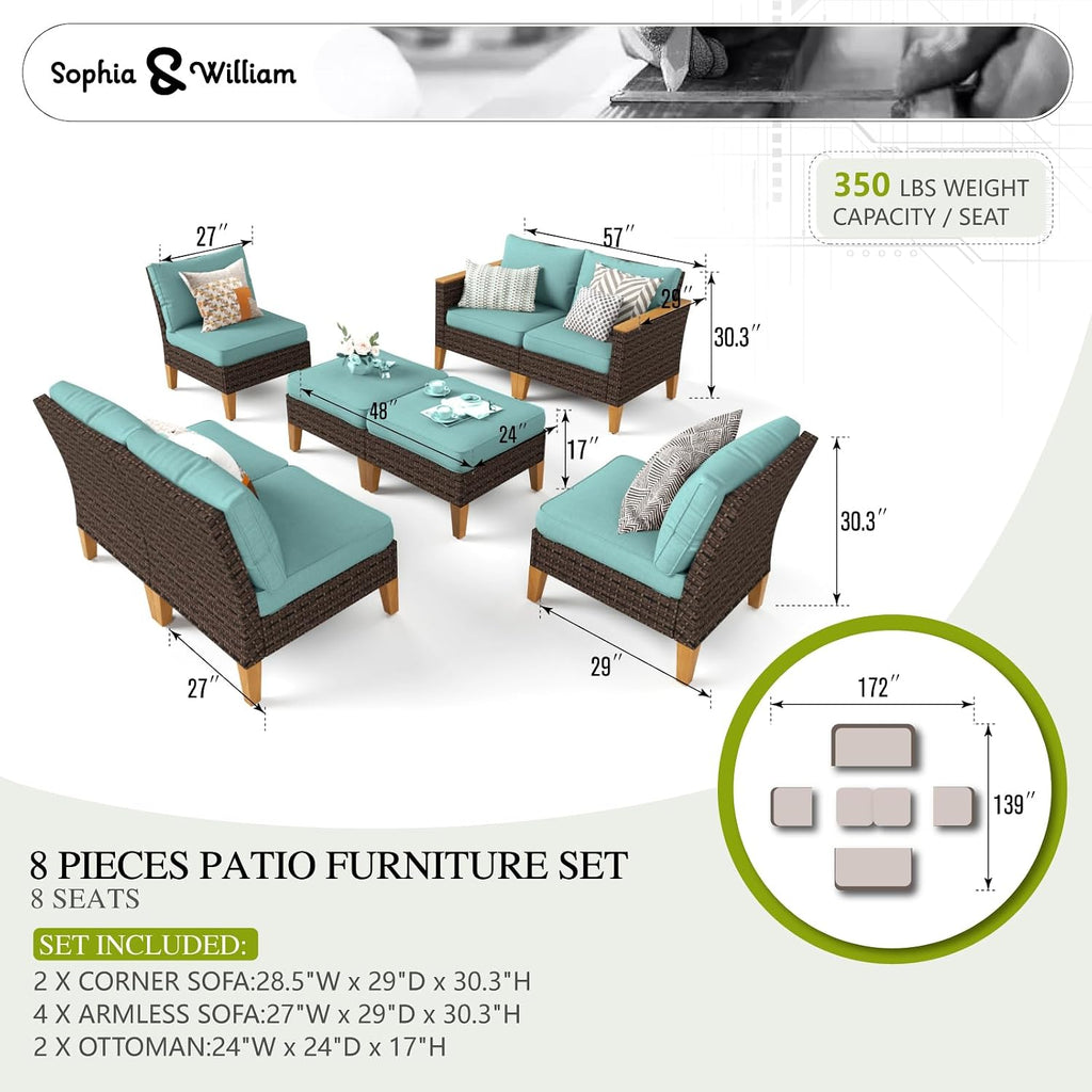 Sophia & William Oversized Patio Furniture Set, 8 Piece Outdoor Wicker Conversation Set Rattan Sectional Sofa, 2 Corner Sofa, 4 Armless Sofa, 2 Ottoman for Backyard, Deck, Pool(Aqua Blue)