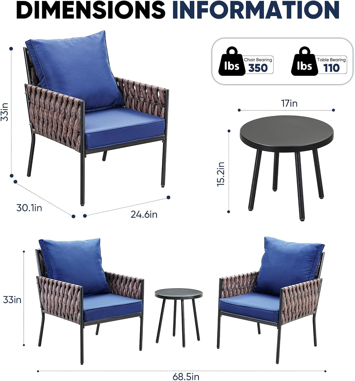 JOYURE 3 Pieces Patio Bistro Set,Patio Furniture Set with 2 Armrest Chairs and Round Side Table,Outdoor Modern Furniture Set with All-Weather Thick Cushion for Deck,Backyard,Navy
