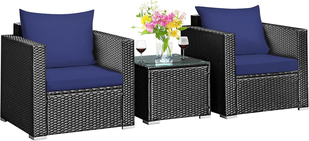 COSTWAY 3-Piece Outdoor Patio Furniture Set, Cushioned Armchairs and Tempered Glass Coffee Table, Wicker Rattan Sofa Set for Garden, Balcony, Backyard (Navy)