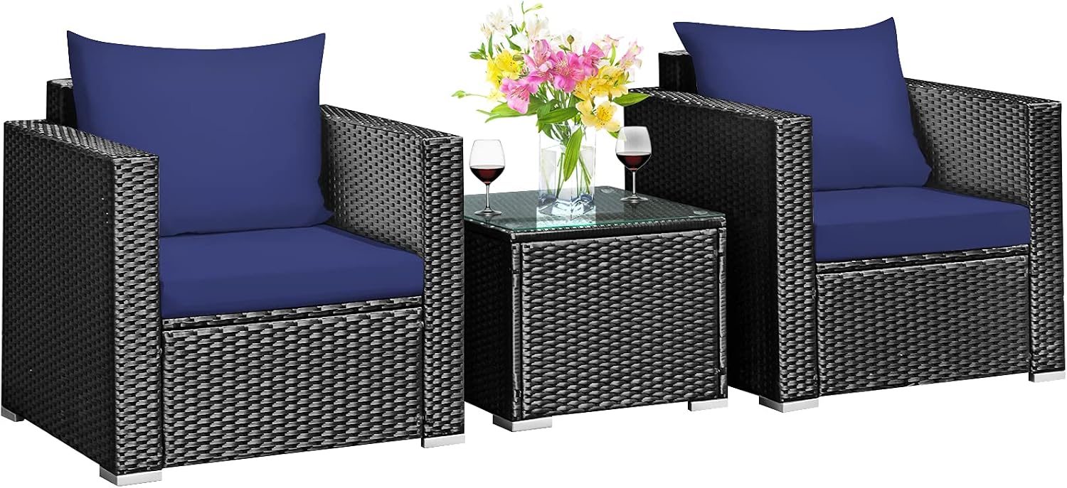 COSTWAY 3-Piece Outdoor Patio Furniture Set, Cushioned Armchairs and Tempered Glass Coffee Table, Wicker Rattan Sofa Set for Garden, Balcony, Backyard (Navy)