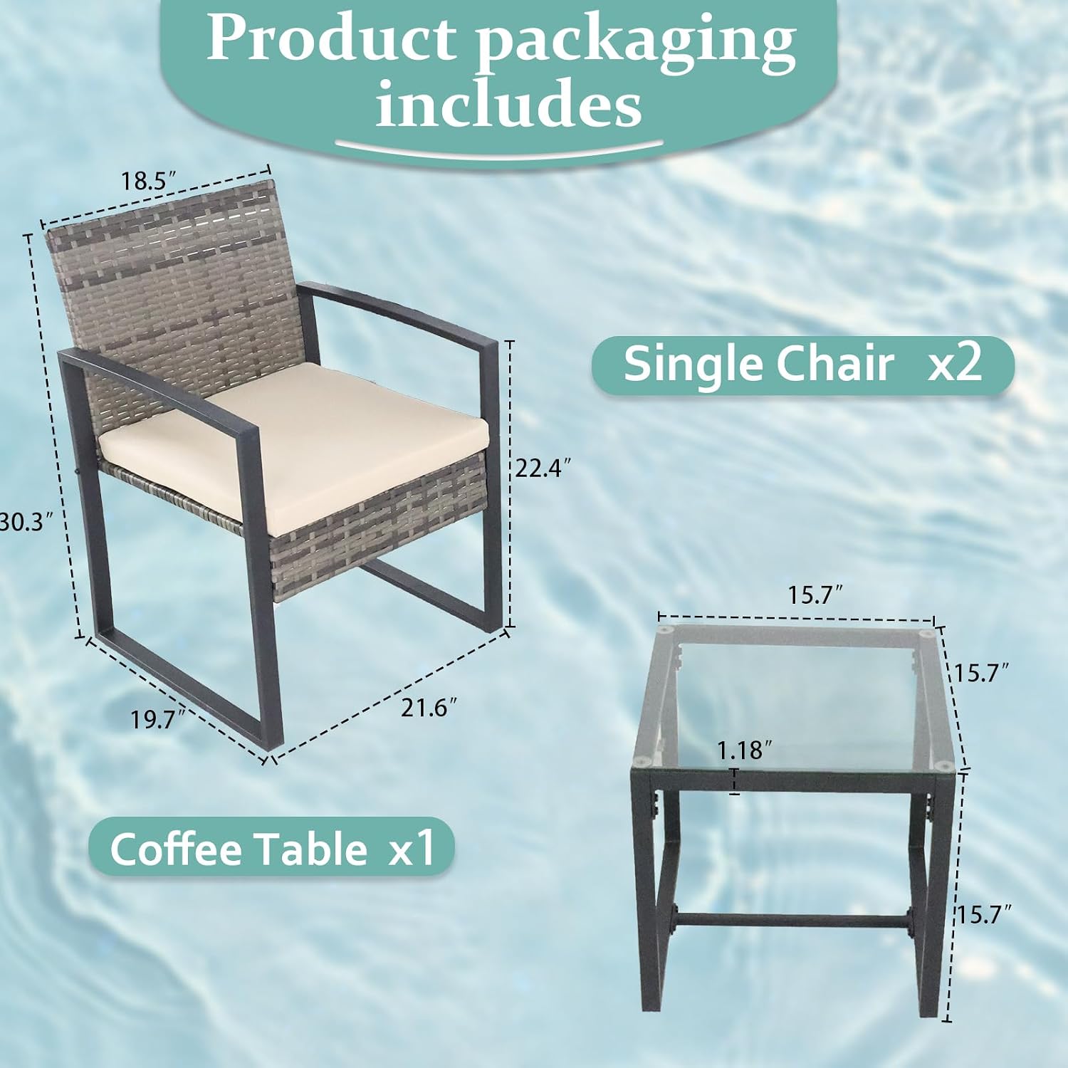 3 Pieces Patio Furniture Set,Wicker Rattan Chairs for Garden Backyard Balcony Porch Poolside, Set with Glass Table and Soft Cushions (Gray+Beige)