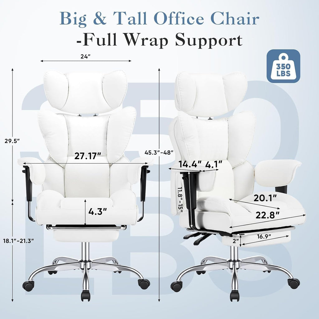 Big and Tall Gaming Computer Chair, Executive Ergonomic Home Office Desk Chair, with Footrest, High Back Reclining, Adjustable Armrests and Comfy Lumbar Support, PU Leather, Beige