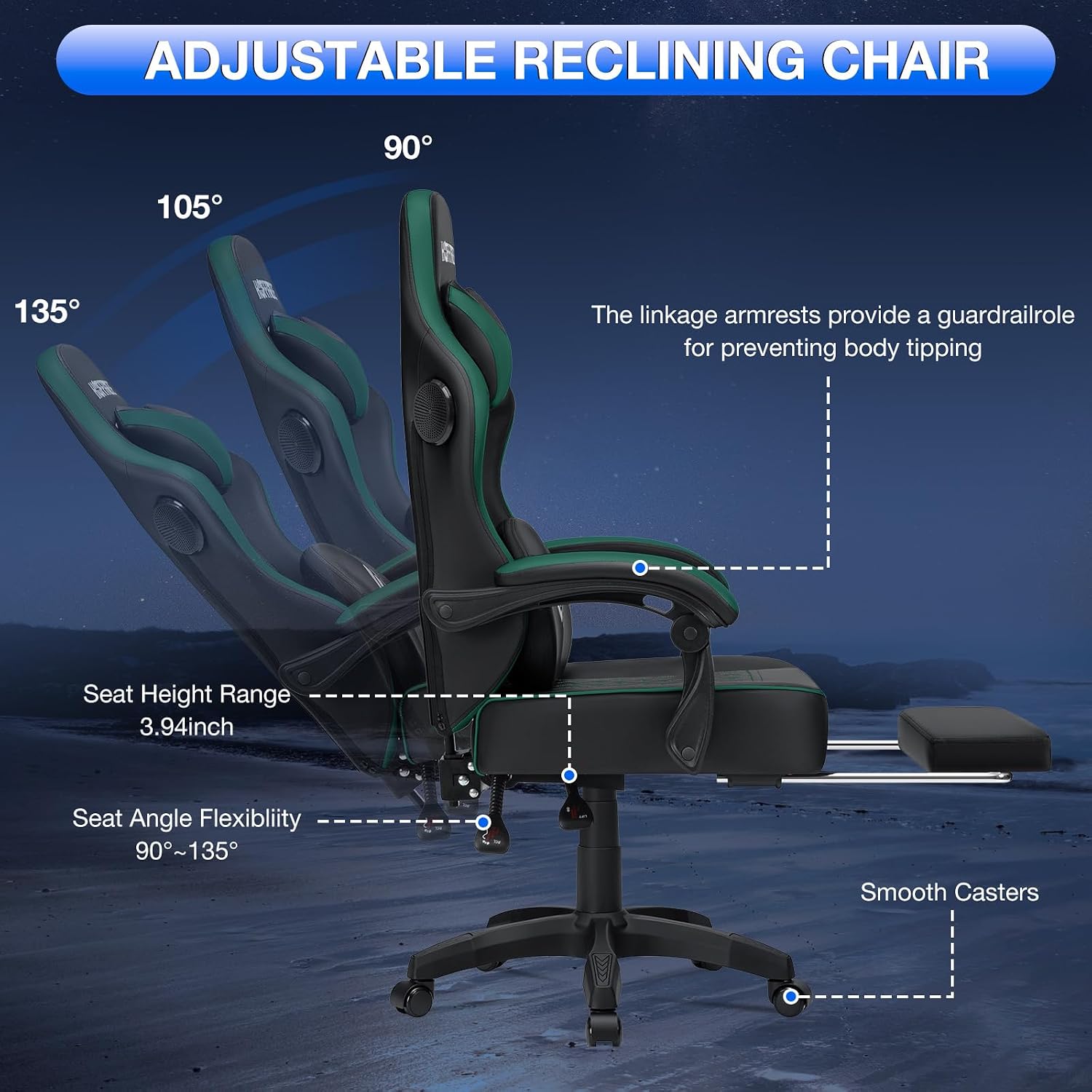 HOFFREE Gaming Chair Computer Chair with Speakers Massage Game Chairs with Footrest Bluetooth High Back Ergonomic Computer Gaming Chairs for Adults Reclining Video Gamer Chair Green and Black