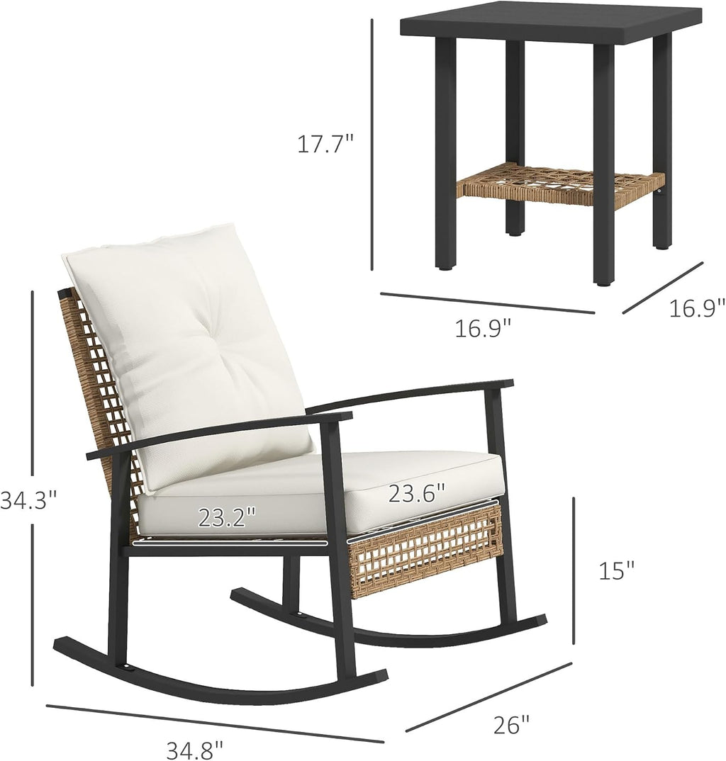 Outsunny 3 Pieces Rocking Wicker Outdoor Bistro Set, Rattan Patio Furniture Set with Coffee Table and Porch Chairs, Button Tufted Cushions for Backyard, Balcony, Garden, White