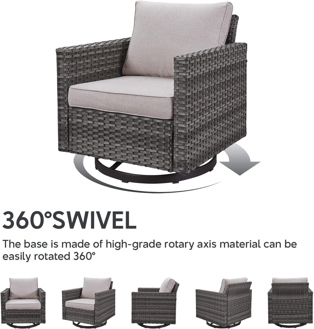 5 Piece Wicker Patio Furniture Set - Outdoor Swivel Rocker Chairs Set with 3 Seat Sofa and Ottomans, Small Patio Conversation Sets Proch Furniture for Balcony Deck - Grey/Beige