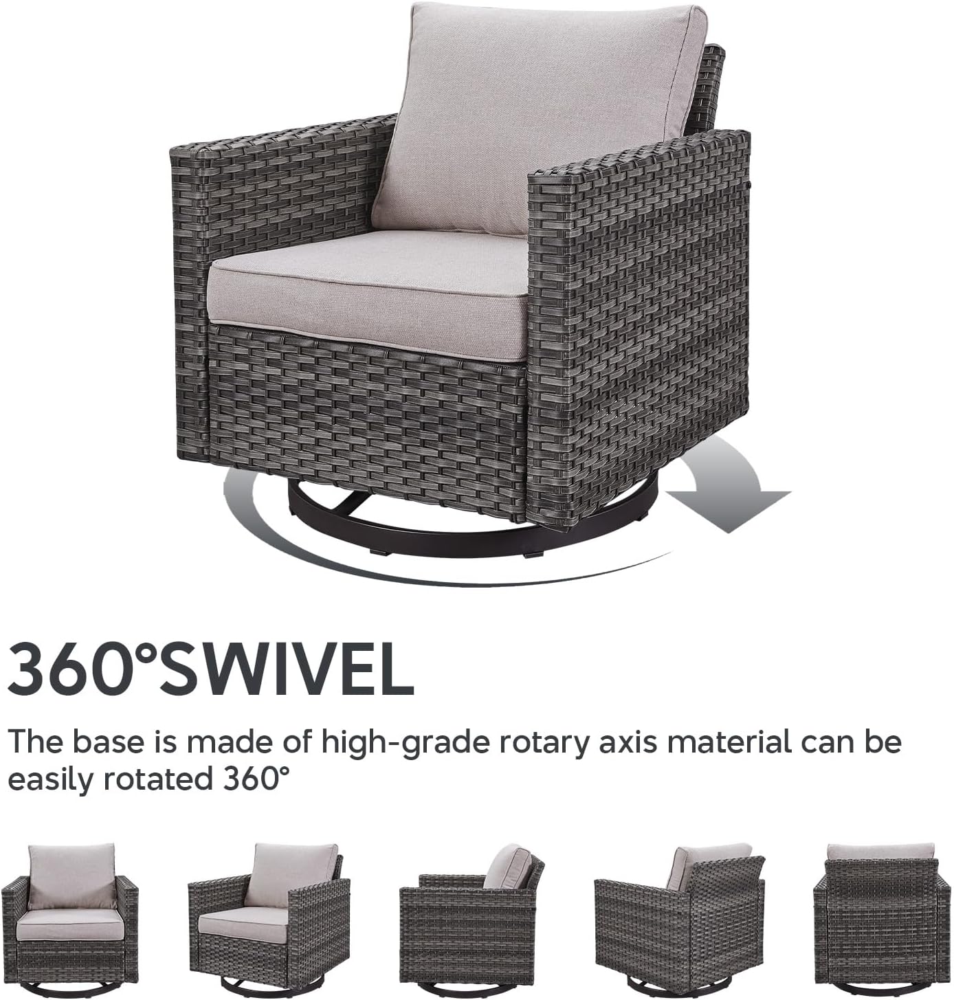 5 Piece Wicker Patio Furniture Set - Outdoor Swivel Rocker Chairs Set with 3 Seat Sofa and Ottomans, Small Patio Conversation Sets Proch Furniture for Balcony Deck - Grey/Beige