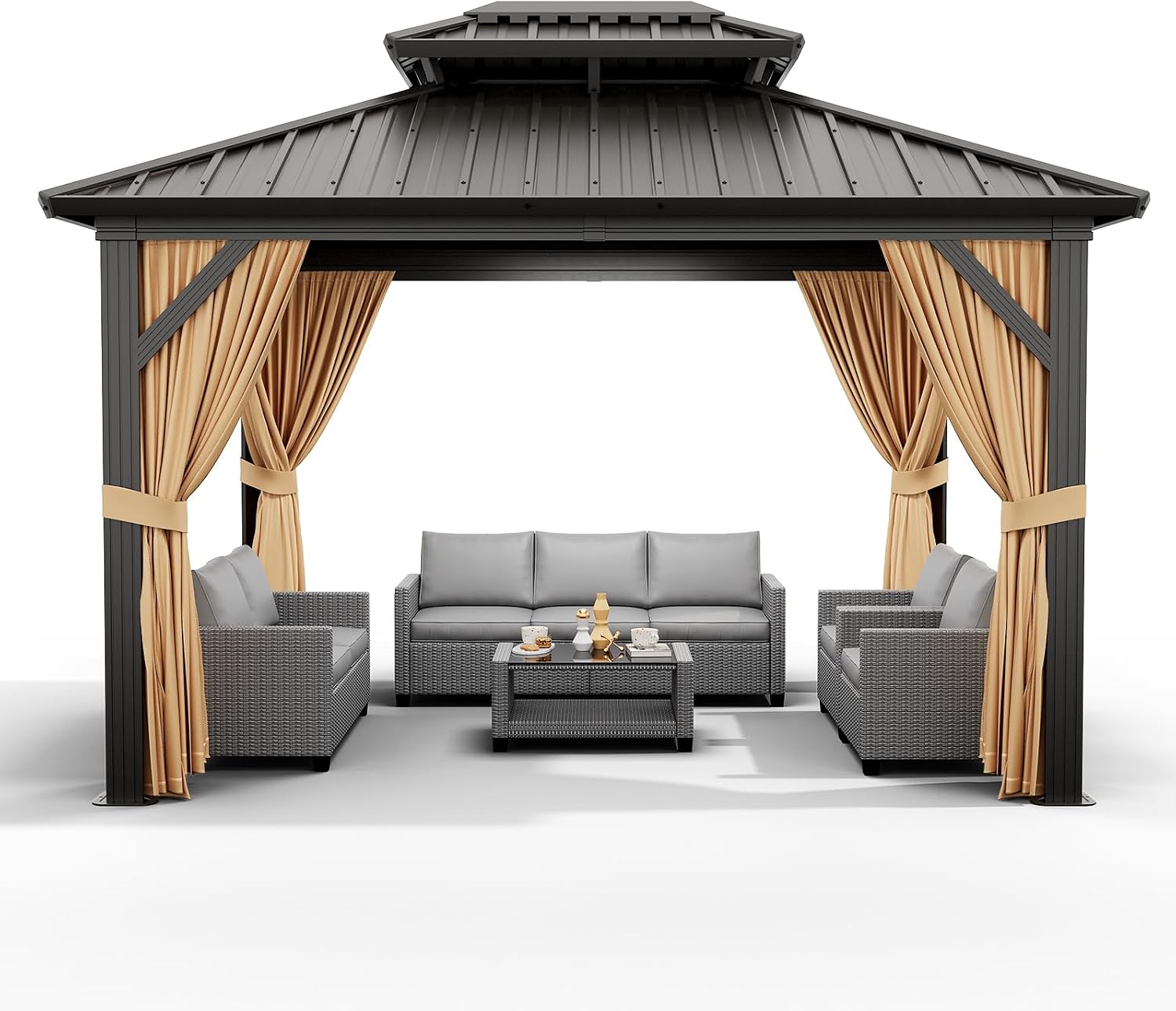 12'x10' Hardtop Gazebo, Heavy Duty Aluminum Permanent Hardtop Gazebo Outdoor Pavilion with Curtains and Netting for Garden