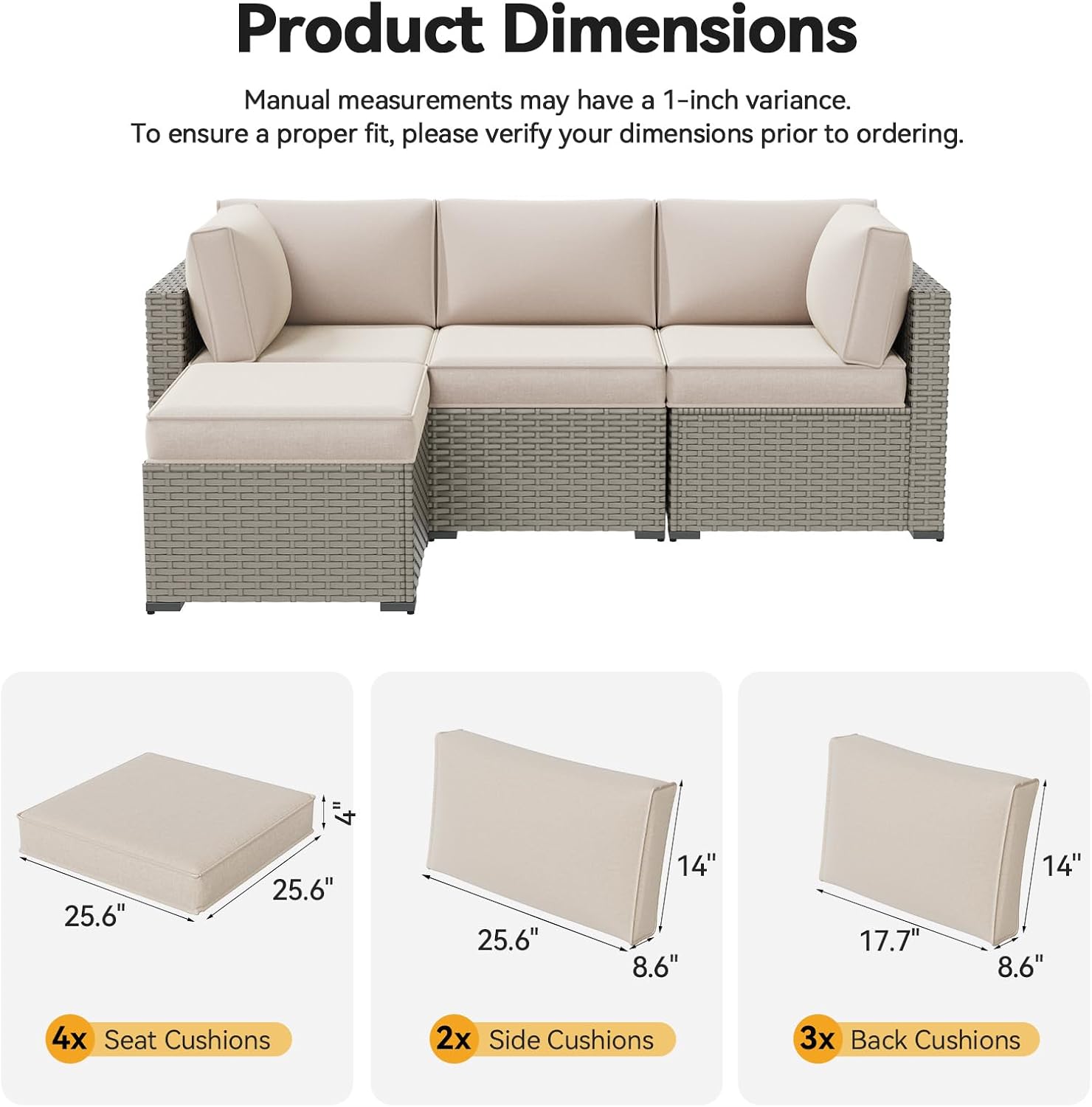Aoxun Replacement Cushions for Outdoor Furniture, 9-Piece Outdoor Cushions for Patio Furniture, Deep Seat, Splash-Proof & Fade Resistant Couch Cushion for 4-Seat Patio Conversation Sets, Beige