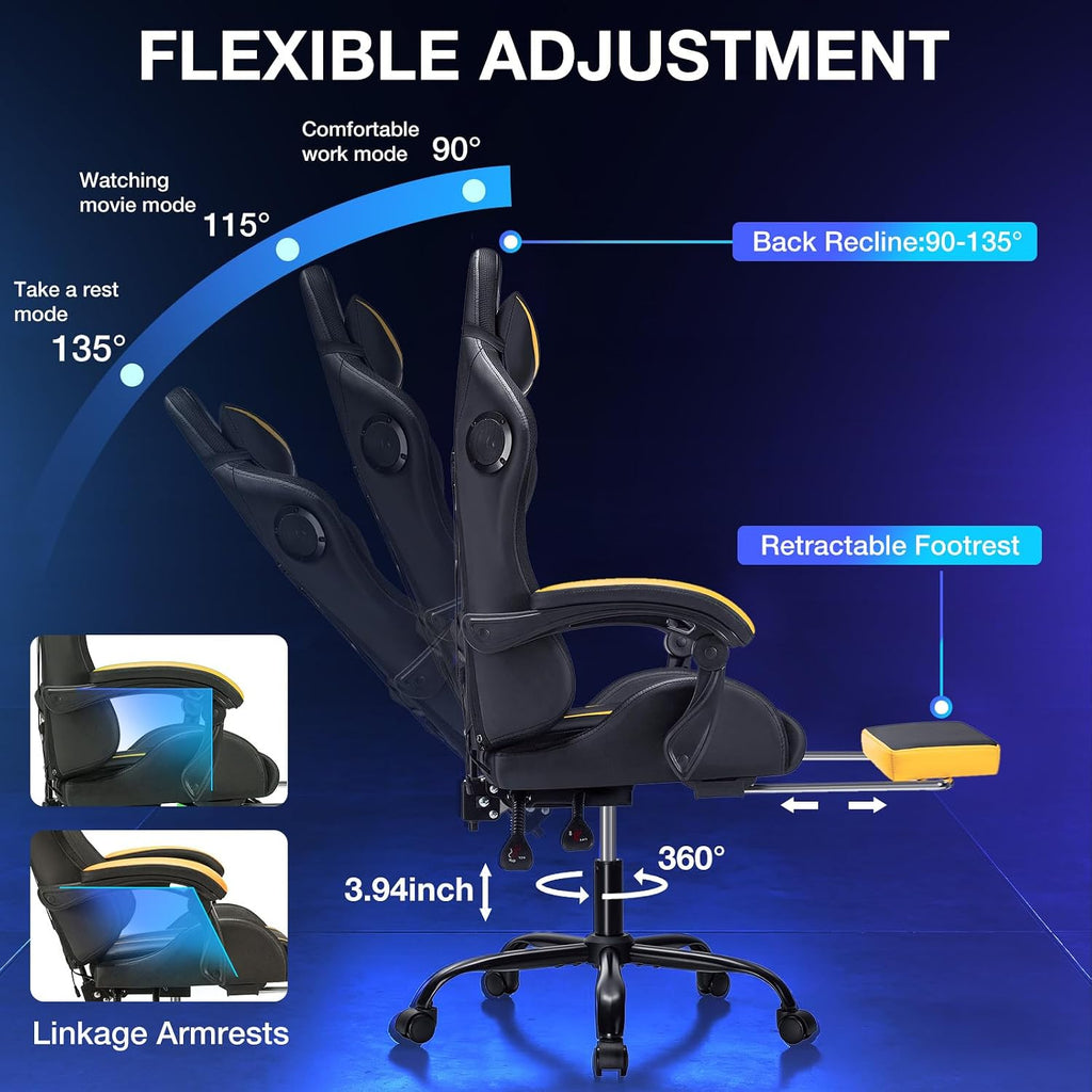 Gaming Chair with Bluetooth Speakers and LED RGB Lights Ergonomic Massage Computer Gaming Chair with Footrest High Back Music Video Game Chair with Lumbar Support Yellow and Black