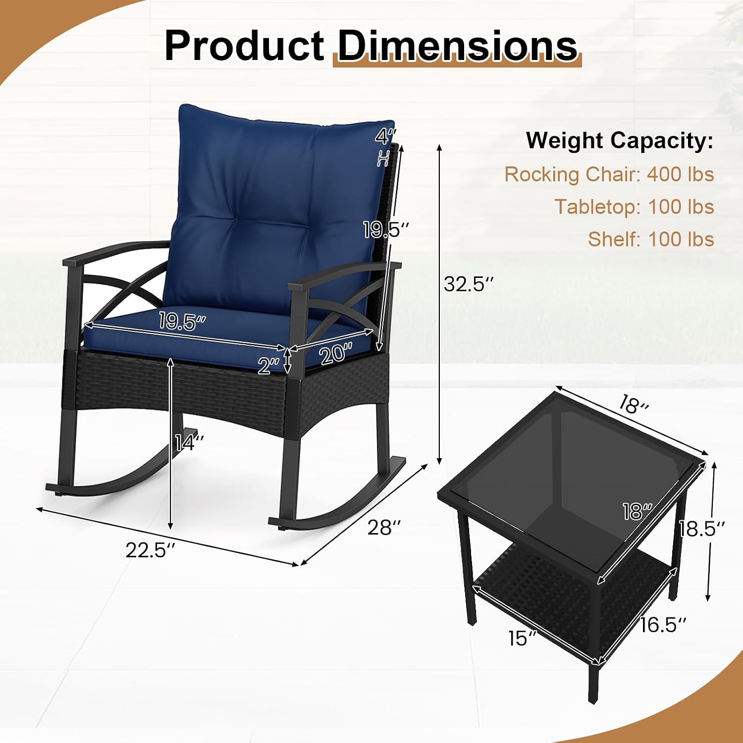 Tangkula 3 Pieces Outdoor Rocking Chairs Set, Rattan Heavy Duty Cushioned Rocker Chairs with 2-Tier Tempered Glass Coffee Table, for Garden, Balcony, Backyard (Black+Navy)