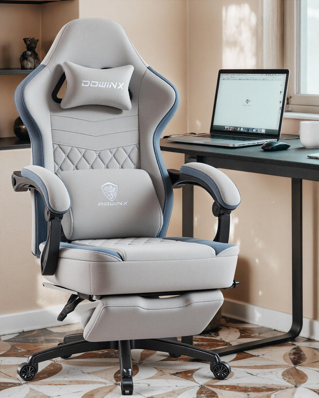 Dowinx Gaming Chair Breathable Fabric Game Chair with Gel Pad and Storage Bag, Comfortable Gamer Chair with Pocket Spring Cushion, Ergonomic Computer Chair with Footrest, Grey and Blue