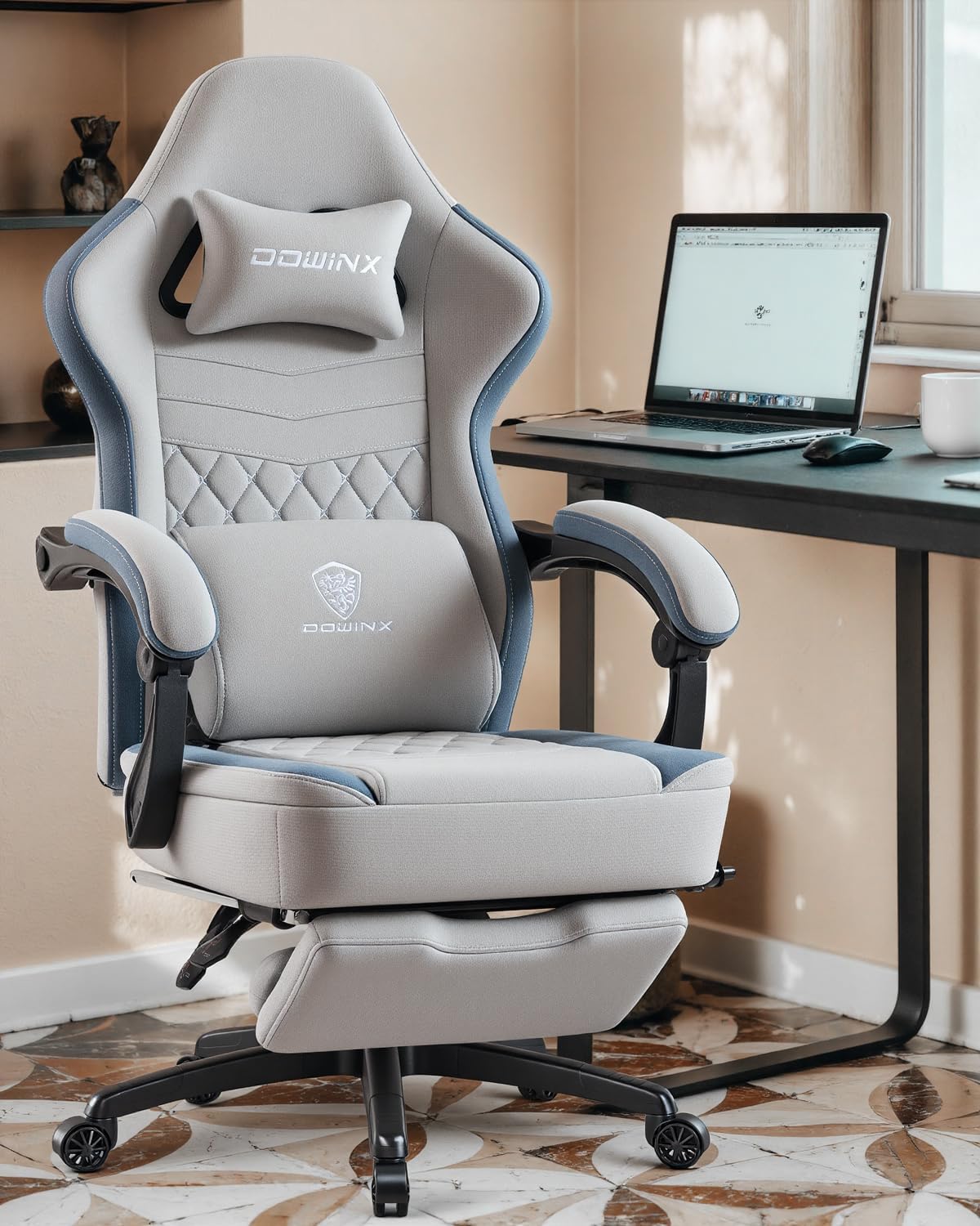 Dowinx Gaming Chair Breathable Fabric Game Chair with Gel Pad and Storage Bag, Comfortable Gamer Chair with Pocket Spring Cushion, Ergonomic Computer Chair with Footrest, Grey and Blue