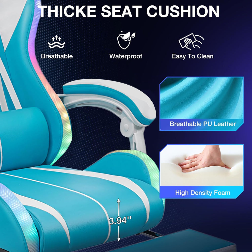 RGB Gaming Chair with LED Lights Massage Game Chair with Footrest Ergonomic Computer Chair High Back Video Game Chair with Adjustable Lumbar Support Linkage Armrest Blue and White