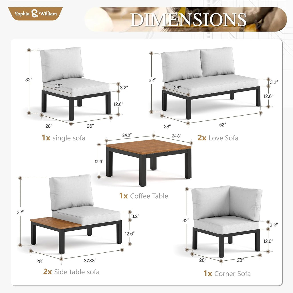 Sophia & William 7 Piece Outdoor Patio Furniture Set, Metal Sectional Sofa Patio Conversation Set with Cushions-2 x Single Sofa with Side Table, 2 x Single Chair, 2 x Loveseat, 1 x Tea Table