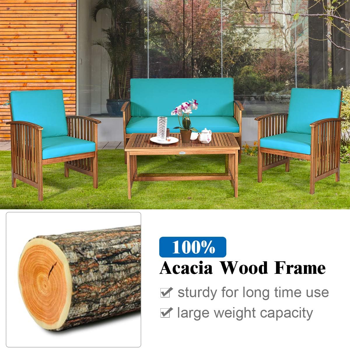 Tangkula Outdoor 4 PCS Acacia Wood Sofa Set w/Water Resistant Cushions, Padded Patio Seating Chat Set w/Coffee Table for Garden, Backyard, Poolside (1, Turquoise)