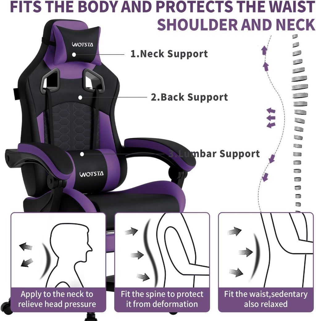 Gaming Chair with Massage,Ergonomic PC Gaming Chair with Footrest Comfortable Headrest and Lumbar Support,High Back Game Chair PVC Leather,300LBS (BlackPurple)