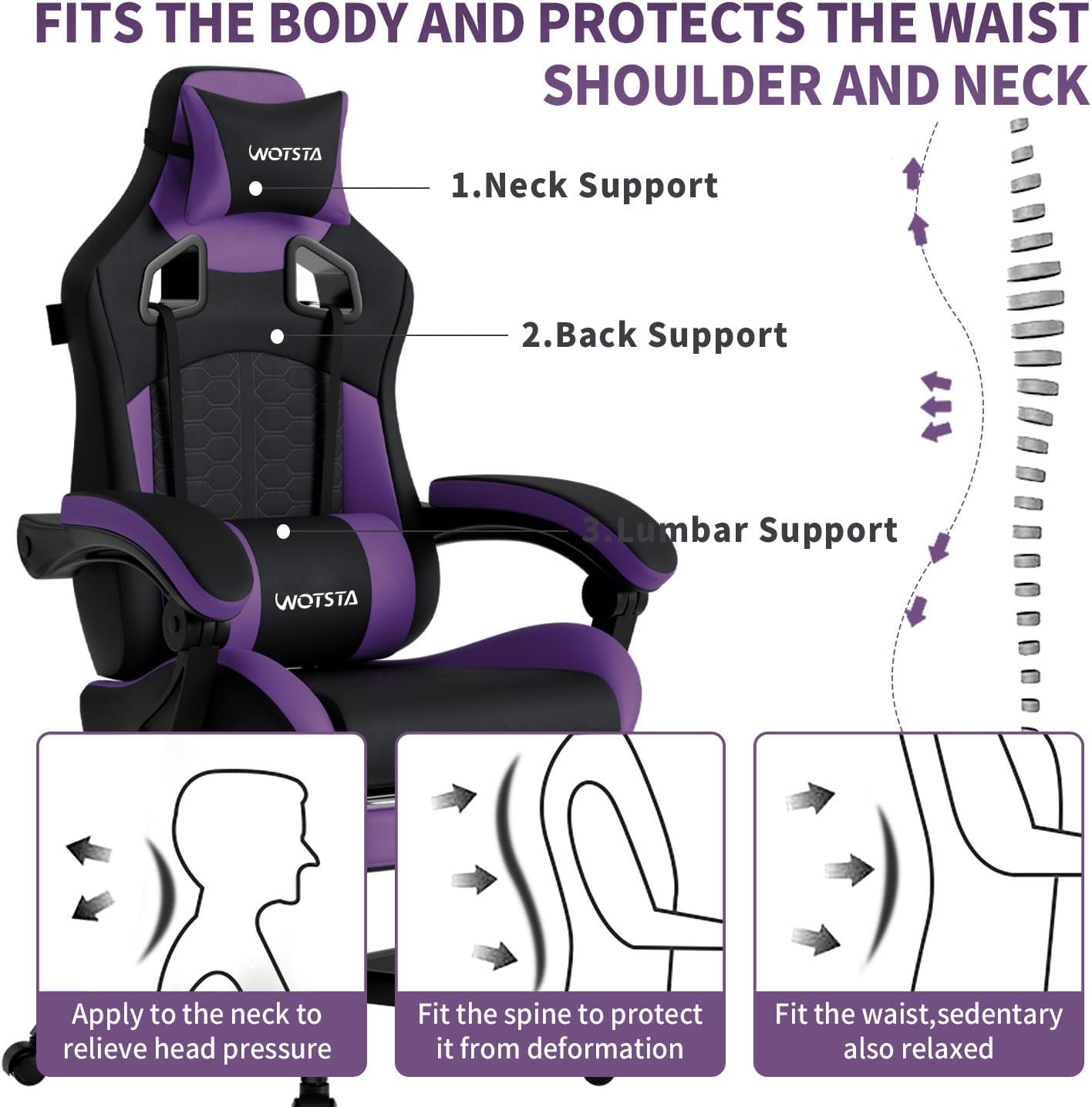 Gaming Chair with Massage,Ergonomic PC Gaming Chair with Footrest Comfortable Headrest and Lumbar Support,High Back Game Chair PVC Leather,300LBS (BlackPurple)