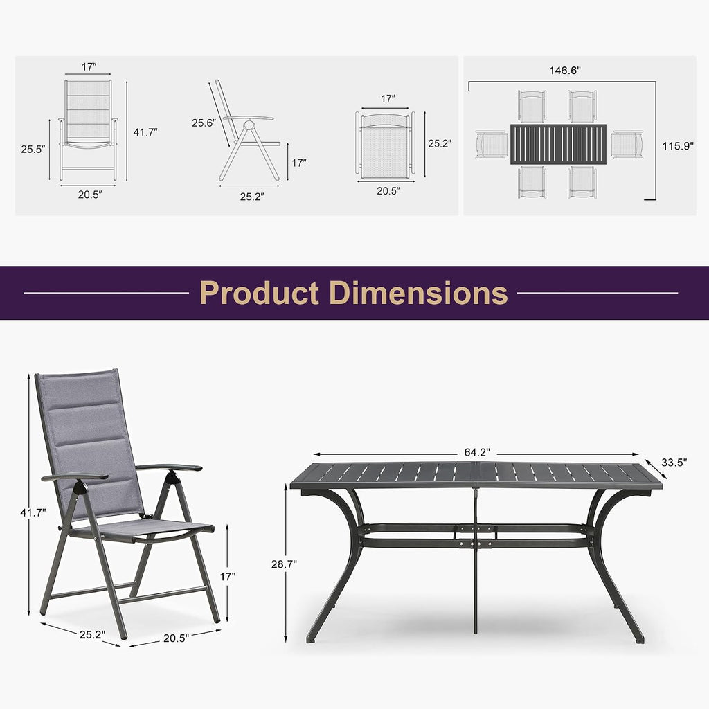 PURPLE LEAF Outdoor Dining Set for 6 Folding Patio Dining Set with Aluminum Rectangular Table and Padded Chairs All Weather Dining Table Sets for Garden Backyard Poolside, Grey