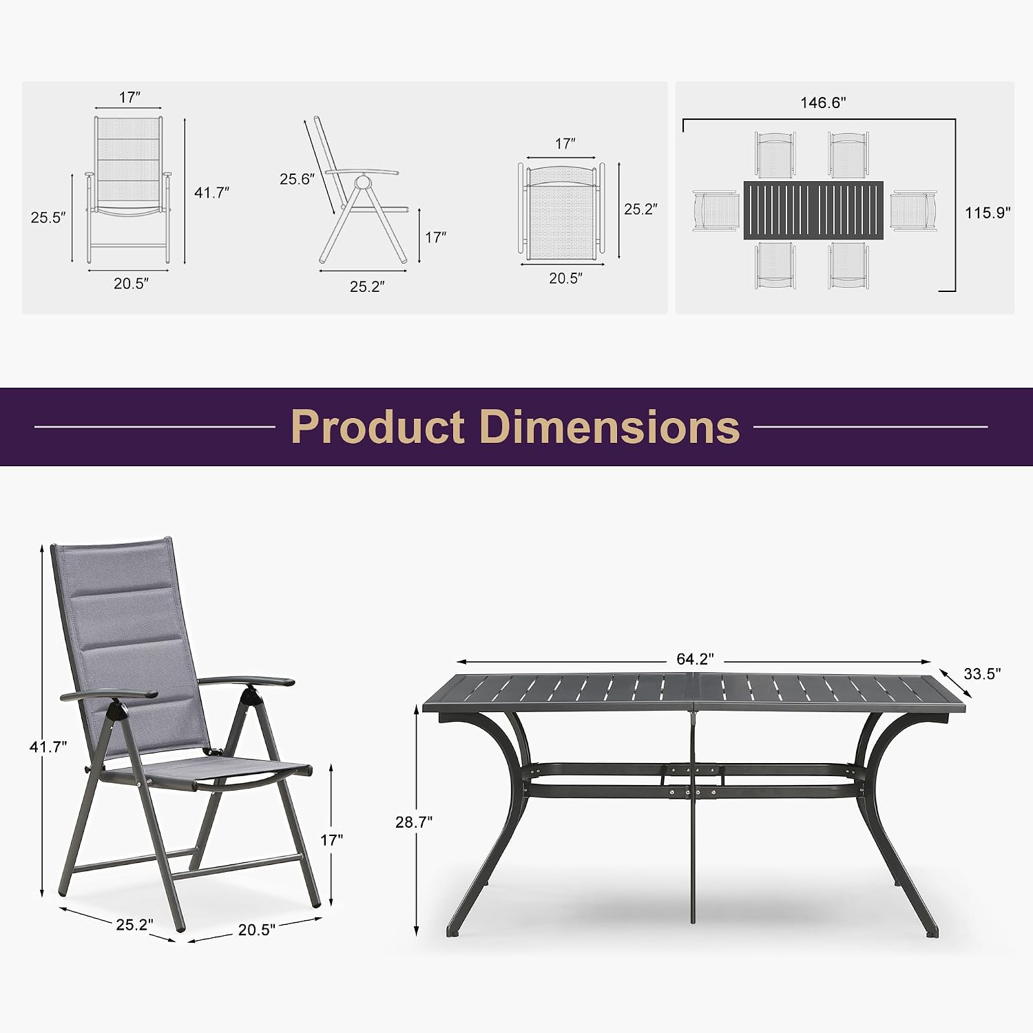 PURPLE LEAF Outdoor Dining Set for 6 Folding Patio Dining Set with Aluminum Rectangular Table and Padded Chairs All Weather Dining Table Sets for Garden Backyard Poolside, Grey