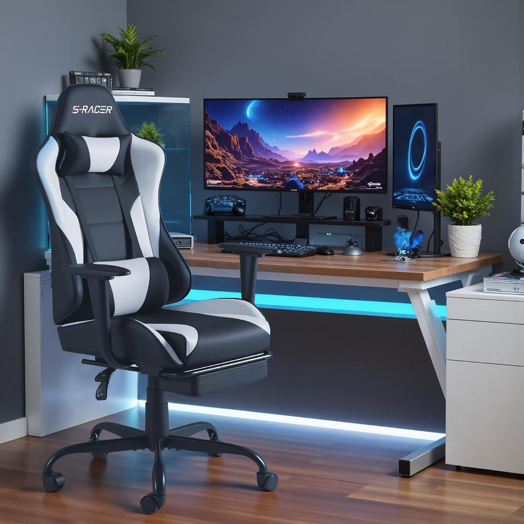 Homall Gaming Chairs, Computer Chair with Footrest and Massage Lumbar Support, Height Adjustable Game Chair with Headrest and Swivel Seat (White)
