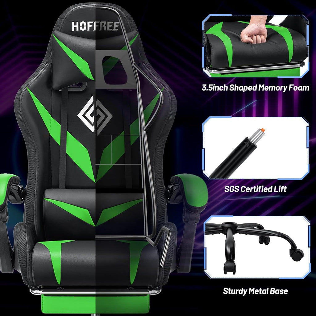 HOFFREE Gaming Chair with Bluetooth Speakers and Led Lights Massage Computer Gamer Chair with Footrest Ergonomic Video Game Chair for Adults Green and Black