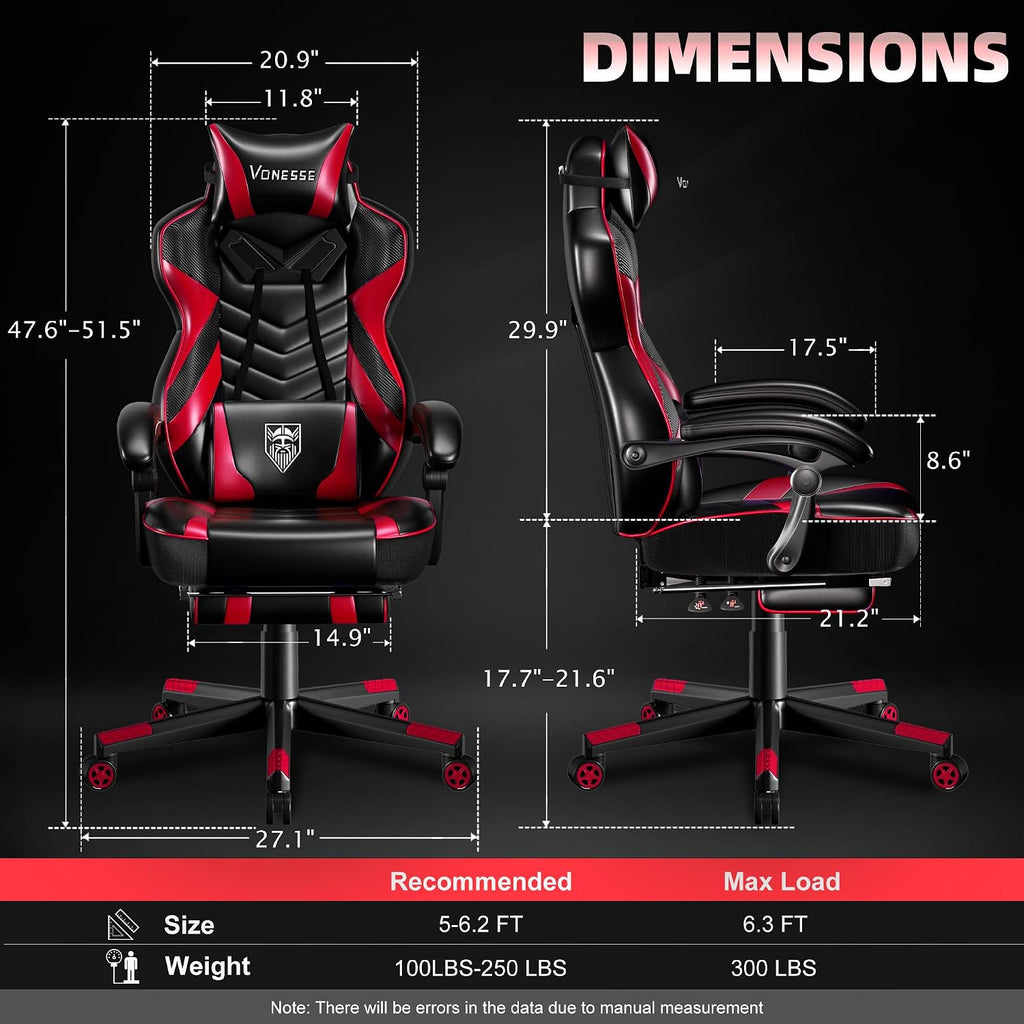 Vonesse Gaming Chair, Big and Tall Gaming Chair with Footrest and Massage, Gaming Chairs for Adults with Lumbar Support, Ergonomic High Back Computer Chair with Pocket Spring Cushion (Red/Black)