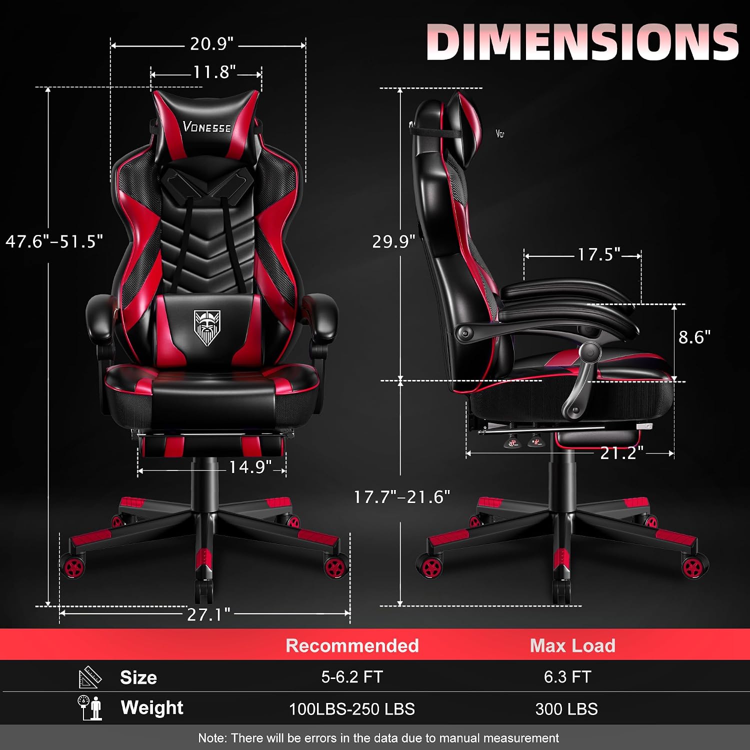 Vonesse Gaming Chair, Big and Tall Gaming Chair with Footrest and Massage, Gaming Chairs for Adults with Lumbar Support, Ergonomic High Back Computer Chair with Pocket Spring Cushion (Red/Black)