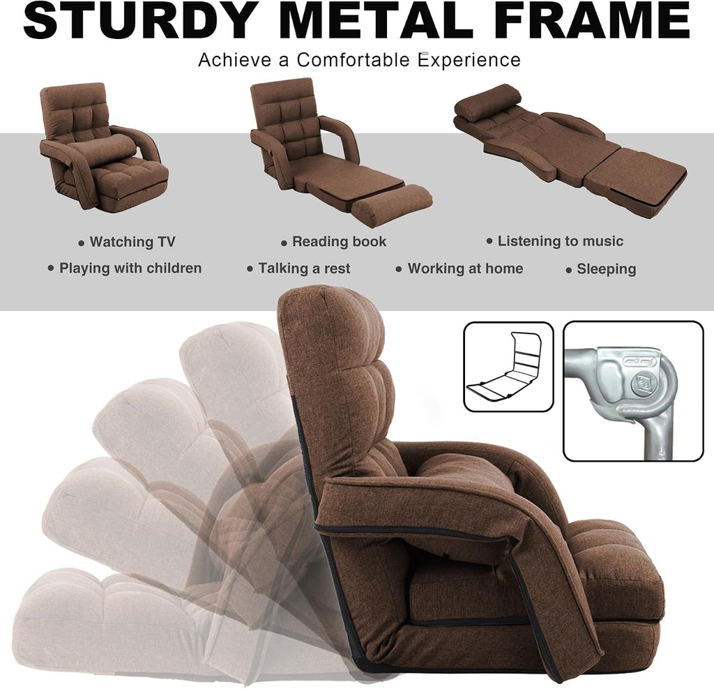 Indoor Floor Chair with Armrest and Pillow Folding Chaise Lounge Sofa 14-Position Adjustable Comfy Gaming Recliner Chair Padded Seats for Adults (Brown)