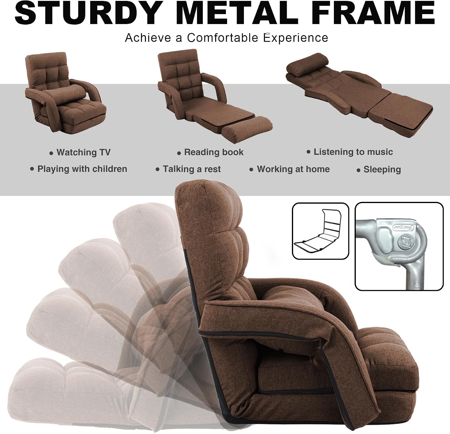 Indoor Floor Chair with Armrest and Pillow Folding Chaise Lounge Sofa 14-Position Adjustable Comfy Gaming Recliner Chair Padded Seats for Adults (Brown)